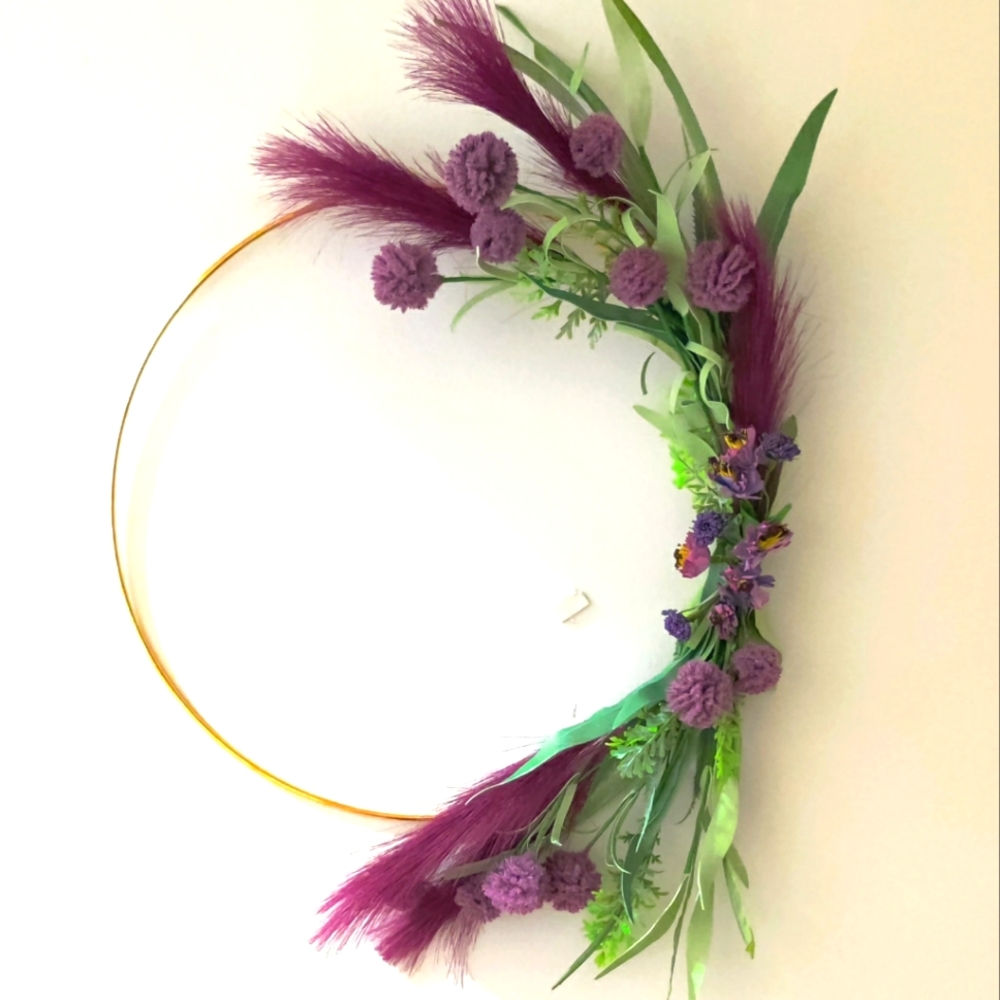 Handmade Gold Hoop Purple Floral Wreath